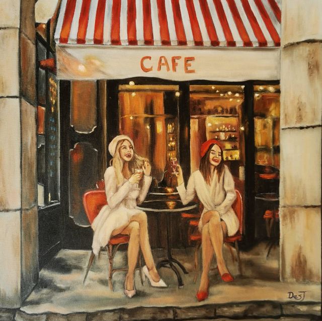 Oil painting depicting friends outside a paris café by South African artist Des Green.