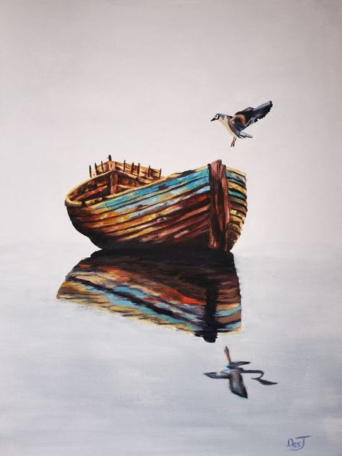 Oil painting depicting colourful boat with a bird by South African artist Des Green.