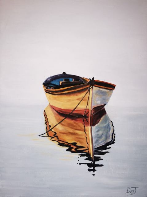 Oil painting depicting moored boat reflection by South African artist Des Green.