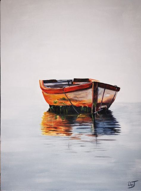 Oil painting depicting red boat reflection by South African artist Des Green.