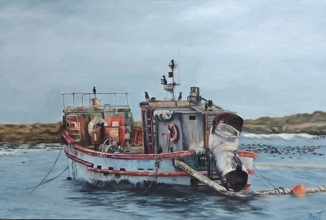 Oil painting depicting working fishing boat by South African artist Des Green.