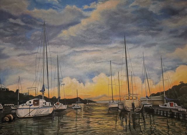 Oil painting depicting marina at sunset by South African artist Des Green.