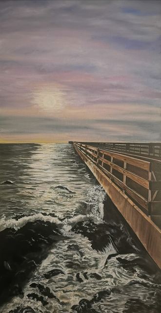 Oil painting depicting stormy pier by South African artist Des Green.