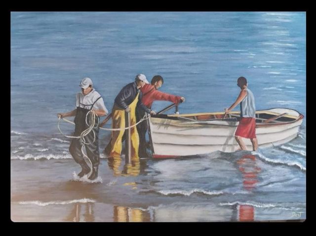 Oil painting depicting fishermen pulling a boat ashore by South African artist Des Green.