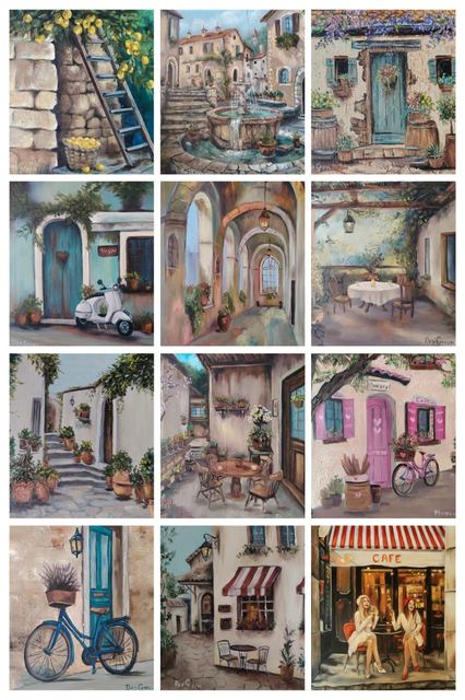 Oil painting depicting european street scene by South African artist Des Green.