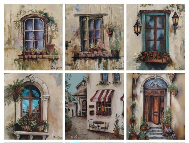 Oil painting depicting european windows and doorways by South African artist Des Green.