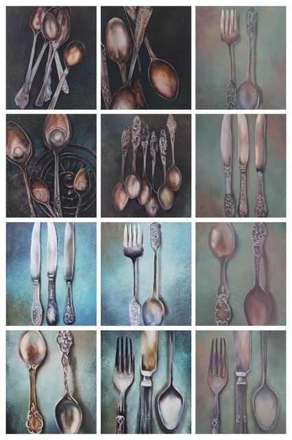 Oil painting depicting vintage cutlery by South African artist Des Green.