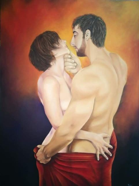 Oil painting depicting passionate embrace by South African artist Des Green.
