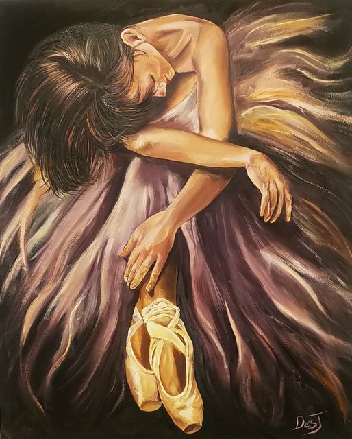 Oil painting depicting resting ballerina by South African artist Des Green.