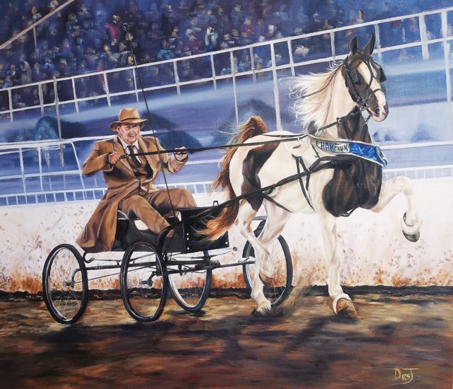 Oil painting depicting carriage driver in the arena by South African artist Des Green.