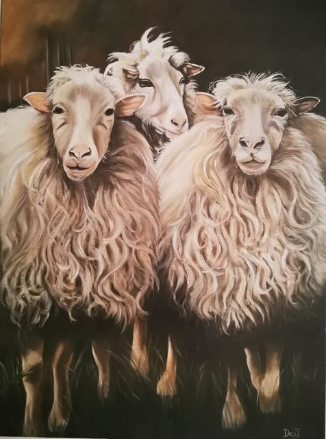 Oil painting depicting three sheep by South African artist Des Green.
