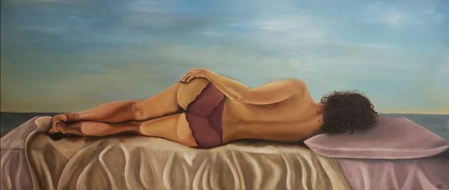 Oil painting depicting reclining woman by South African artist Des Green.