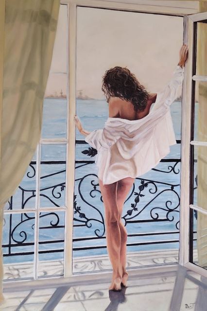 Oil painting depicting woman at the balcony overlooking the sea by South African artist Des Green.