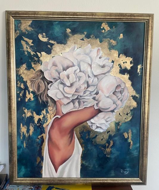 Oil painting depicting woman hidden behind flowers by South African artist Des Green.