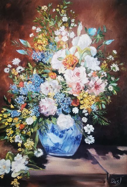 Oil painting depicting colourful bouquet in a blue vase by South African artist Des Green.