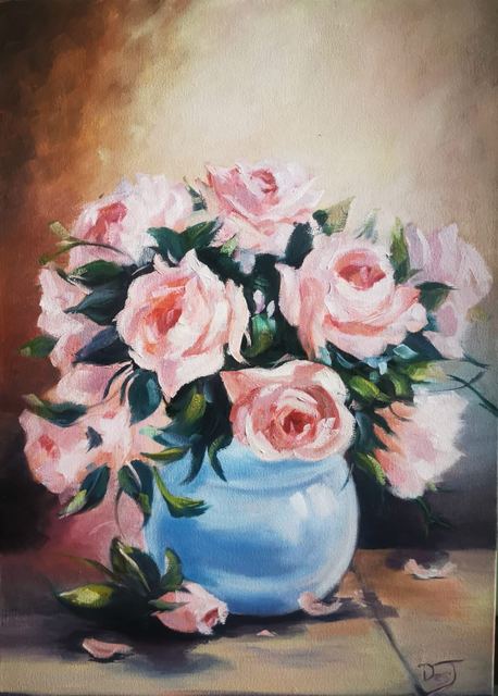 Oil painting depicting pink roses in a blue vase by South African artist Des Green.