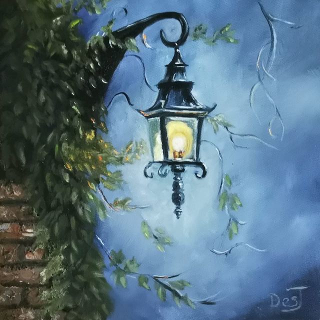 Oil painting depicting lantern and vines by South African artist Des Green.