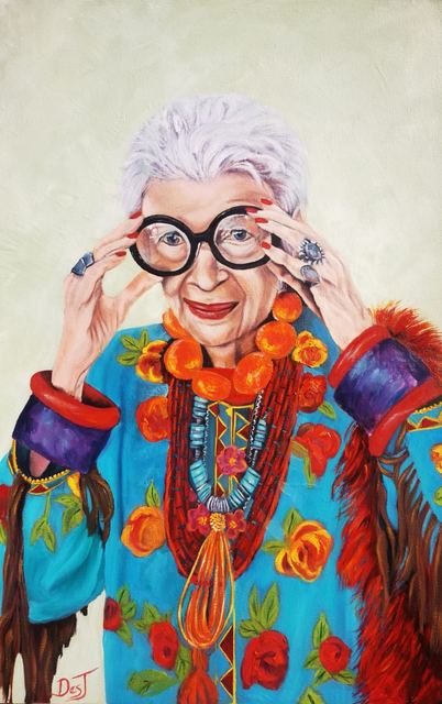 Oil painting depicting portrait in a blue floral coat by South African artist Des Green.