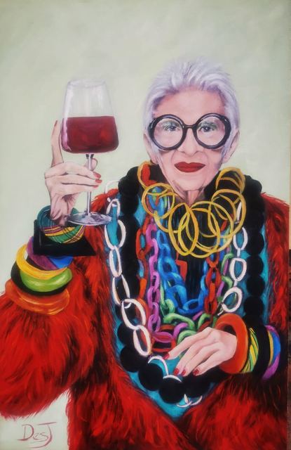 Oil painting depicting portrait in a red coat with a wine glass by South African artist Des Green.