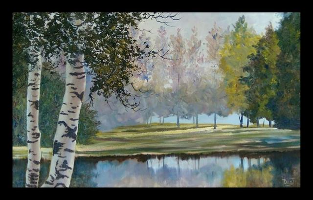 Oil painting depicting birch trees by the water by South African artist Des Green.
