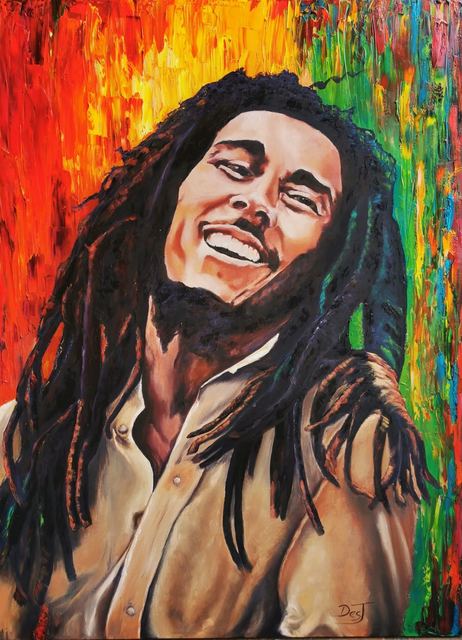 Oil painting depicting bob marley portrait by South African artist Des Green.