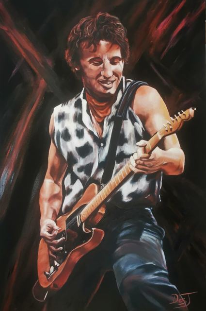 Oil painting depicting bruce springsteen with guitar by South African artist Des Green.
