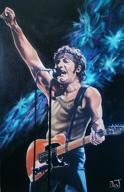 Oil painting depicting bruce springsteen live by South African artist Des Green.