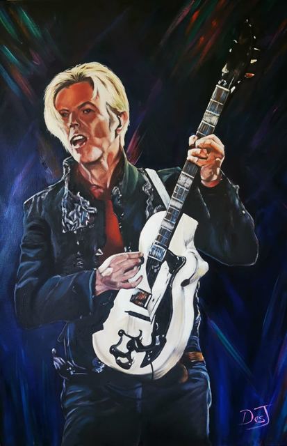 Oil painting depicting david bowie live by South African artist Des Green.