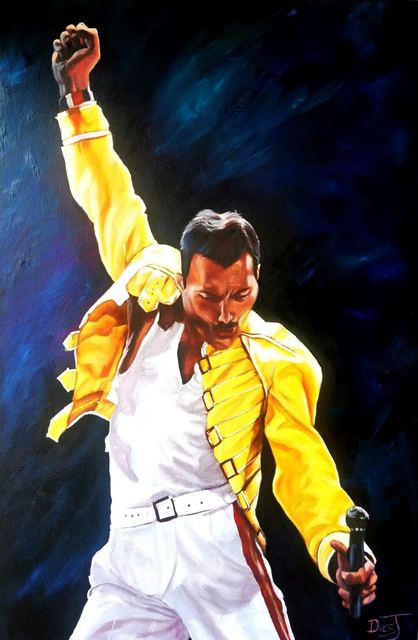 Oil painting depicting freddie mercury live by South African artist Des Green.