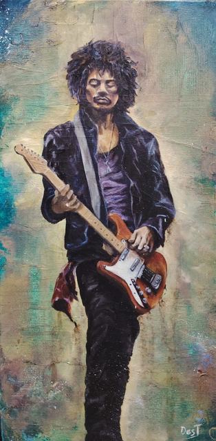 Oil painting depicting jimi hendrix with guitar by South African artist Des Green.