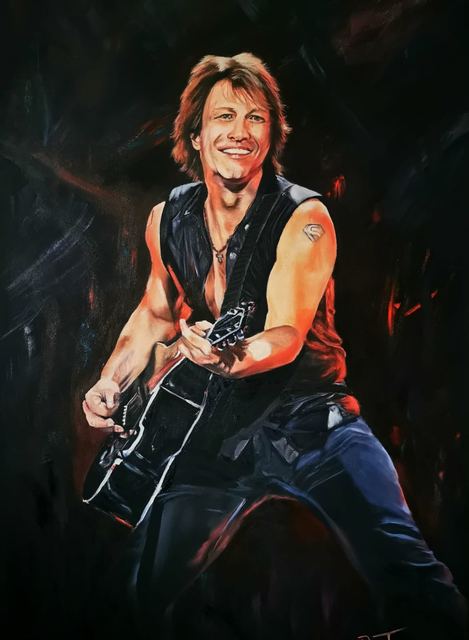 Oil painting depicting jon bon jovi with guitar by South African artist Des Green.