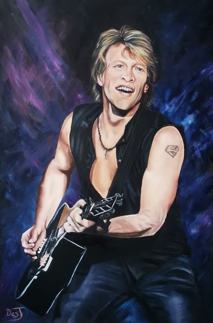 Oil painting depicting jon bon jovi live by South African artist Des Green.