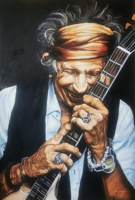Oil painting depicting keith richards with guitar by South African artist Des Green.