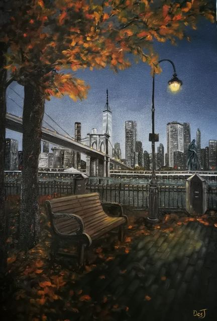Oil painting depicting autumn park skyline by South African artist Des Green.