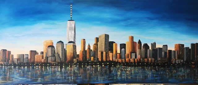 Oil painting depicting manhattan skyline by South African artist Des Green.