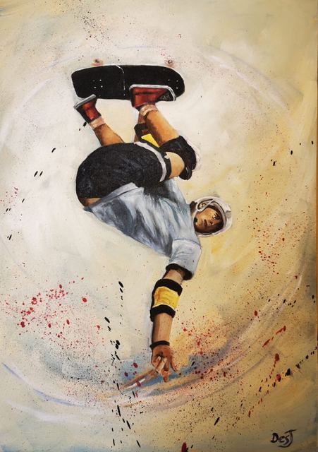 Oil painting depicting breakdancer headstand by South African artist Des Green.