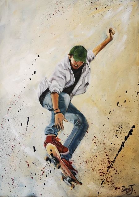 Oil painting depicting skateboarder airborne by South African artist Des Green.