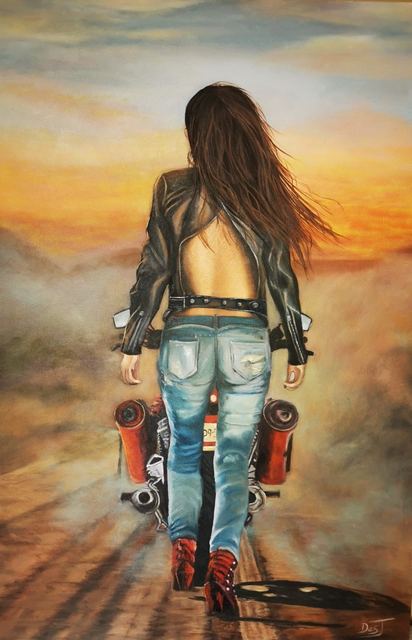 Oil painting depicting woman carrying a skateboard at sunset by South African artist Des Green.