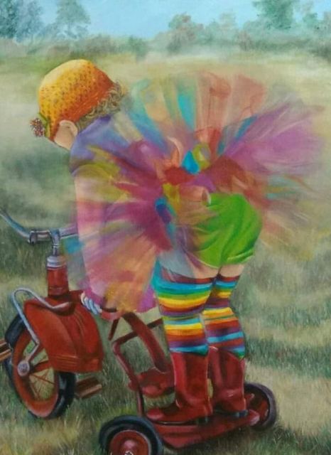 Oil painting depicting rainbow rider on a tricycle by South African artist Des Green.