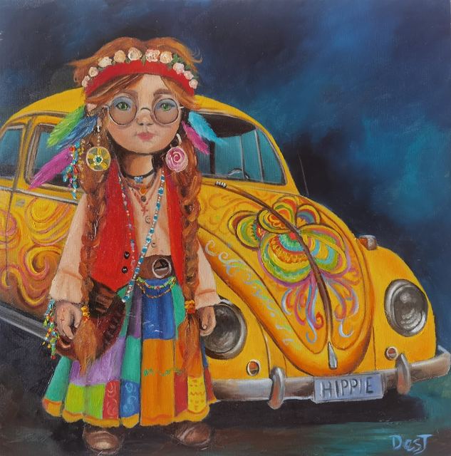 Oil painting depicting girl and yellow vw beetle by South African artist Des Green.