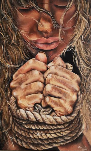Oil painting depicting bound woman with rope by South African artist Des Green.