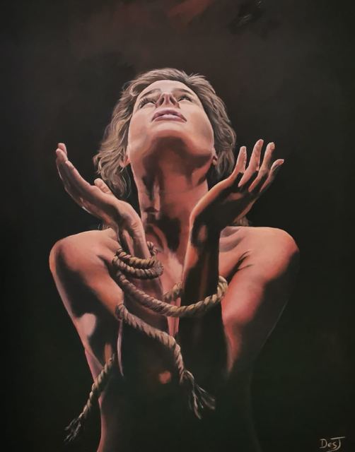 Oil painting depicting reaching for freedom by South African artist Des Green.