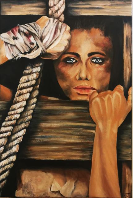 Oil painting depicting woman behind bars and rope by South African artist Des Green.