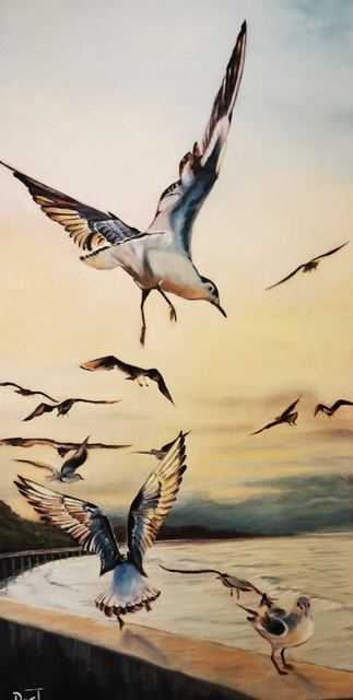 Oil painting depicting Vertical gulls in flight by South African artist Des Green.