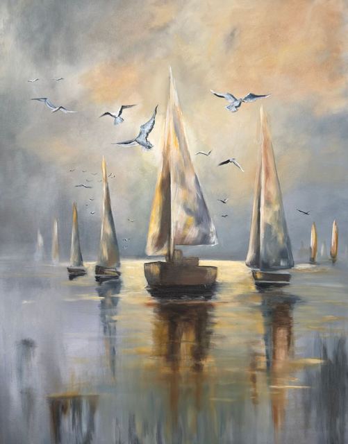 Oil painting depicting Misty sailboats with gulls by South African artist Des Green.