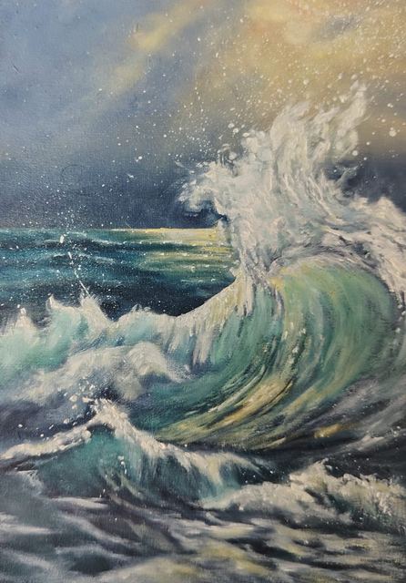 Oil painting depicting Single curling green wave by South African artist Des Green.