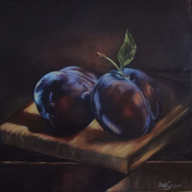 Oil painting depicting Plum still life by South African artist Des Green.