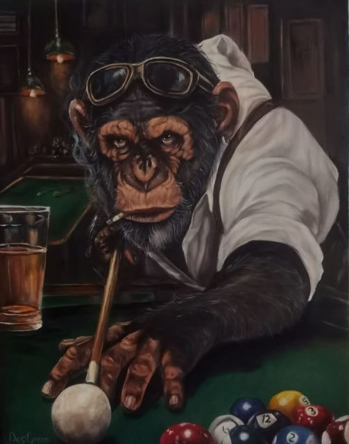 Oil painting depicting a chimpanzee playing pool by South African artist Des Green.