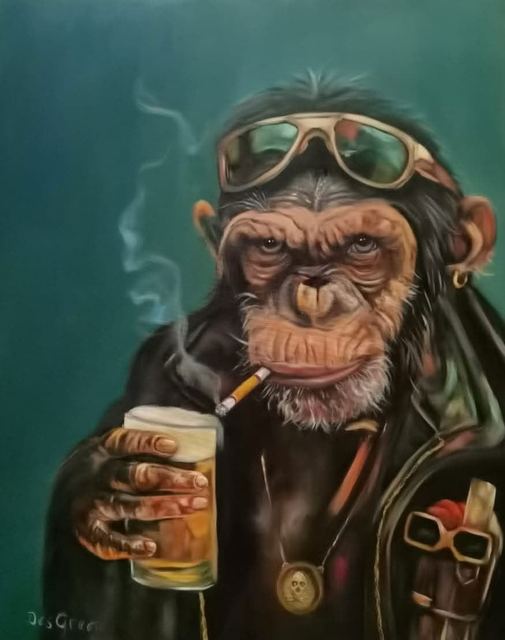 Oil painting depicting a chimpanzee holding a beer and cigarette by South African artist Des Green.