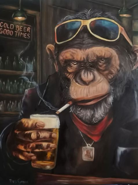 Oil painting depicting a chimpanzee at the bar by South African artist Des Green.